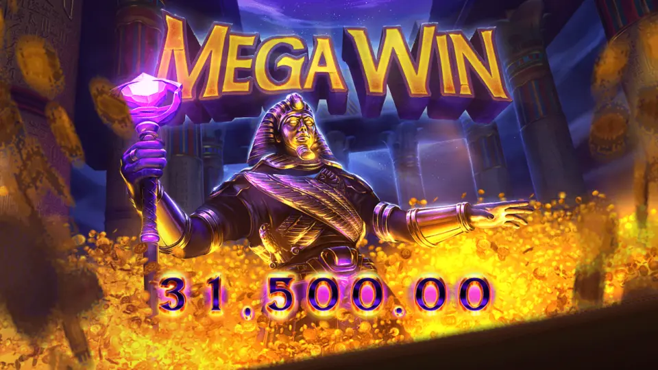 Mega Win – velká výhra v online slotu s egyptským motivem. Mega Win výhra v online automatu s egyptským faraonem a zlatem – částka 31 500.